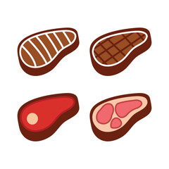 Colored Steak Icons Set Raw, Cooked, and Marbled Cuts Flat Design Vector Collection of Meat Cuts for Grilling