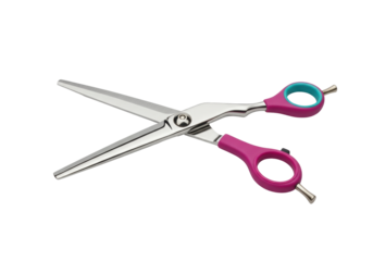 Isolated Hairdressing Scissors Open, Purple Handles, Silver Metal Blades, Styling, Cutting