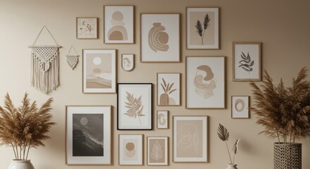 A stylish wall art gallery featuring various framed prints with abstract shapes, natural motifs, and serene landscapes displayed against a neutral beige wall, creating a harmonious and modern...