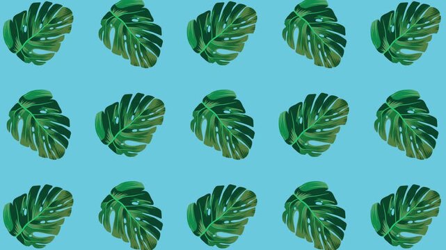 Tropical leaves pattern on blue background.