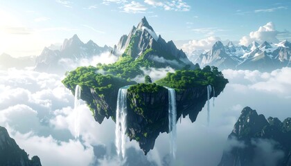 A fantastical, floating island covered in lush green vegetation and cascading waterfalls, amidst a sea of fluffy clouds and majestic mountains