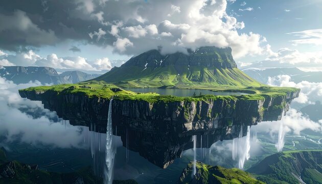 A fantastical floating island featuring a mountain with a lake, waterfalls cascading into a landscape of clouds, and mountains - Powered by Adobe