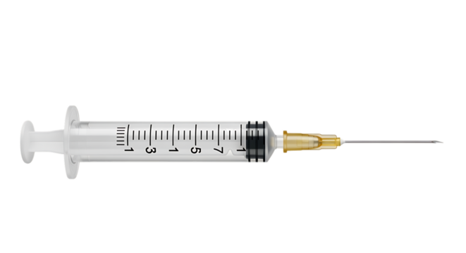 A medical syringe with a needle, isolated on transparent background