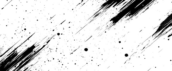 Vector Diagonal Black Ink Brush Strokes with Splatter on White Background