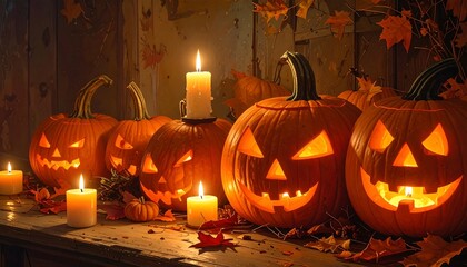 Festive Halloween Scene with Carved Pumpkins, Candles, and Autumnal Decor