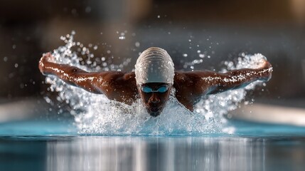 Dynamic Male Swimmer Executing Butterfly Stroke with Powerful Water Splashes in a Bright Blue Pool