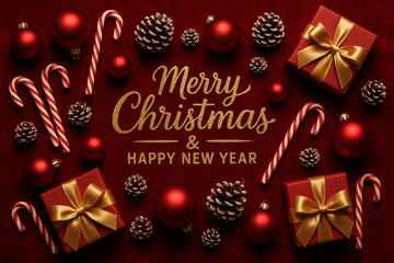 Merry Christmas Happy New Year text with red baubles, gifts, and candy canes on background. Christmas celebration concept.