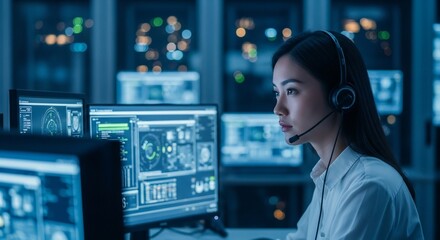 Focused woman working late at night in a modern tech office, providing customer service with a headset, surrounded by multiple computer screens