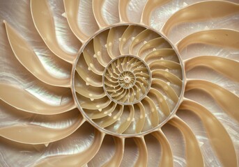 Detailed fibonacci spiral pattern in a cut nautilus shell revealing its inner chamber structure
