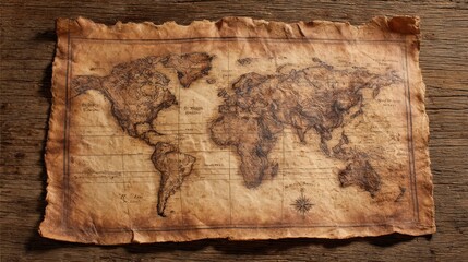 Stunning photo of antique world map on old paper with a vintage and aged appearance.