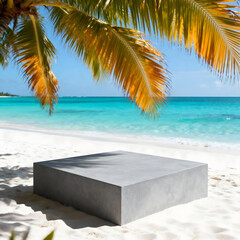 Oceanfront Stage: A minimalist, modern concrete stage, perfectly positioned on a sun-kissed beach, offering panoramic ocean views beneath swaying palm leaves, symbolizing a blend of art and nature.
