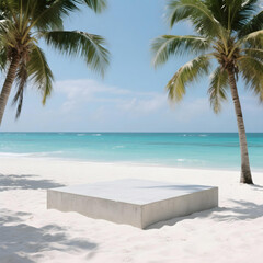 Beachfront Bliss: A serene, sun-kissed beach scene. Capturing the essence of tranquility, showcasing soft sand, gentle waves, and the backdrop of tropical flora. 
