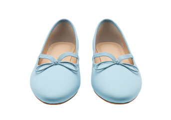 Isolated light blue ballet flats with elastic strap for girls or women in studio lighting
