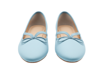 Isolated light blue ballet flats with elastic strap for girls or women in studio lighting