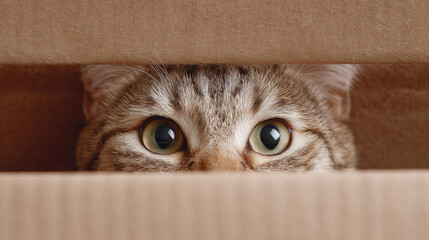 Playful tabby cat hiding inside cardboard box, peeking with big curious eyes. An adorable feline with funny expression, getting ready for surprise ambush or fun game