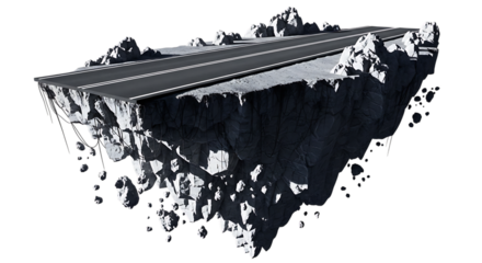 A floating island with a road on top, isolated on transparent background