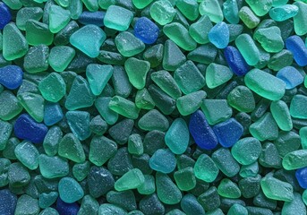 Colorful blue and green sea glass collection texture background for summer holiday concept
