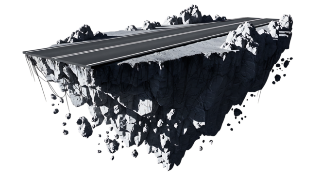 A floating island with a road on top, isolated on transparent background