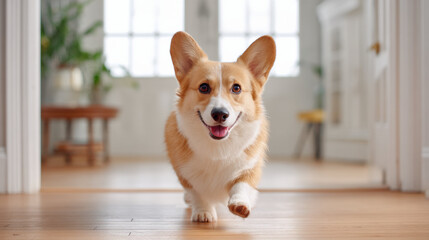 Happy joyful corgi dog running toward camera inside bright home. cute pet animal with playful expression walking on wooden floor in domestic setting