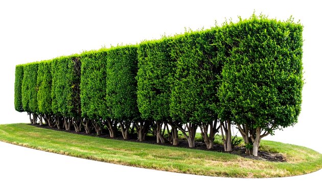 A neatly trimmed hedge of lush, green foliage is neatly arranged in a row against a bright, white background. The hedge sits on a small patch of grass