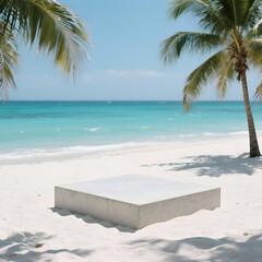 Seaside Stage of Solitude: A minimalist concrete stage rests on pristine white sands under the serene shade of palm trees, with the turquoise sea as its backdrop.
