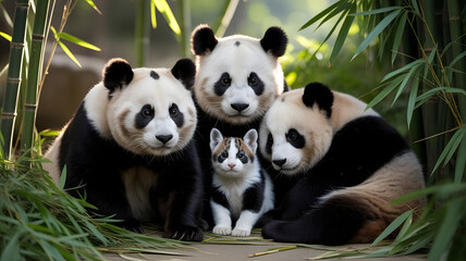 Obraz premium Cat with Panda-like Fur Sitting Among Giant Pandas in Bamboo Forest