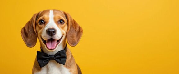 Beagle puppy in black bow tie on yellow background.