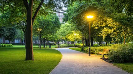 Obraz premium Illuminated path winding through a beautiful urban park at night
