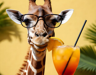 Portrait of giraffe in sunglasses with cocktail, portrait of a giraffe, giraffe close up