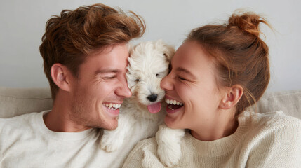 Happy young couple laughing with pure joy on sofa at home. man and woman share moment of fun and love together, cuddling their cute white puppy dog
