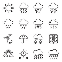 Line Style Weather Icon Vector Set, Climate Forecast Symbols for Sun, Rain, Cloud and Storm