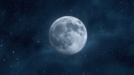 Full moon glowing brightly in a clear night sky with detailed lunar surface textures and subtle atmospheric haze over a dark natural landscape