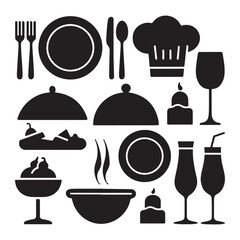Restaurant Food Vector Icon Collection, Kitchen Utensils, Cutlery, Plates and Chef Elements Silhouette Pack