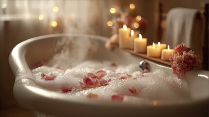 A bath tub filled with water and flowers