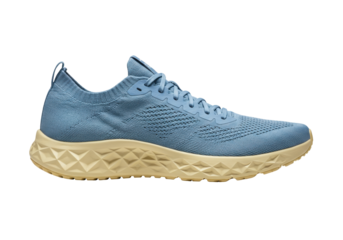 Isolated running shoe featuring a blue upper and beige geometric sole for athletic performance