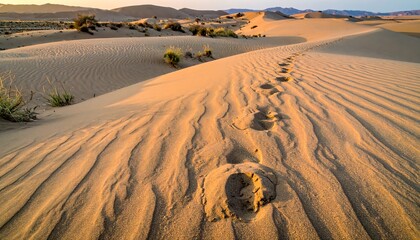 A golden sand dune landscape at sunset with human footprints leading into the distance, featuring ripples and scattered plants