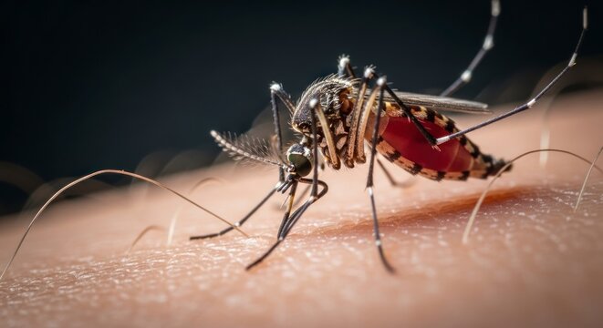Intimate Macro View of a Striped Aedes Mosquito Engorged with Blood on Skin.