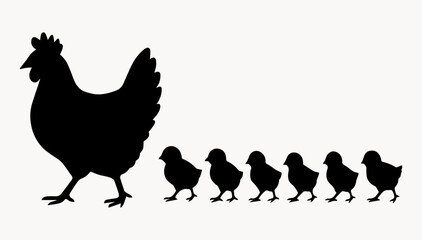 Black and white illustration of a silhouette of a chicken walking with its chickens on a white isolated background. Vector graphics. EPS.