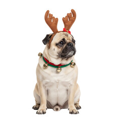 PNG cut out isolated background. A studio portrait of a funny Pug dog with a grumpy expression, sitting while dressed in a Christmas reindeer costume with antlers and a jingle bell collar.