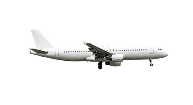 Jato comercial Airbus ou Boeing isolado em fundo branco, pronto para voar no céu azul para transporte de passageiros ou carga