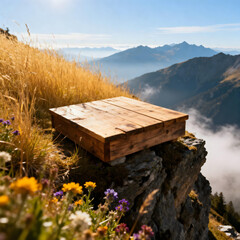 The Elevated Platform: a rustic wooden platform stands perched precariously on a rugged cliff edge, with a breathtaking panorama of mountains.