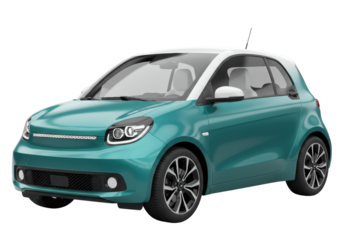 Isolated, compact turquoise car with white roof for urban use in transport and mobility
