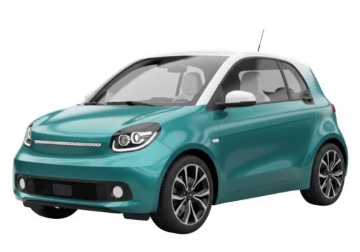Isolated, compact turquoise car with white roof for urban use in transport and mobility