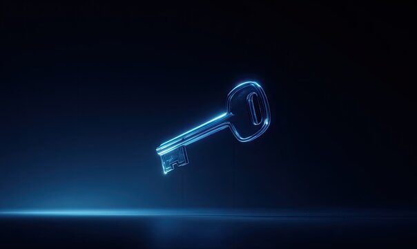 Glowing neon key floats on a dark, sleek surface with a faint blue underglow