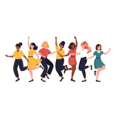 Diverse group of women dancing together in colorful outfits