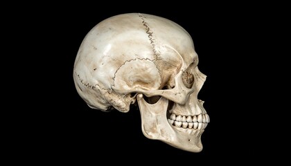 A lifelike depiction of a human skull, presented against a stark black backdrop, capturing detailed bone structure