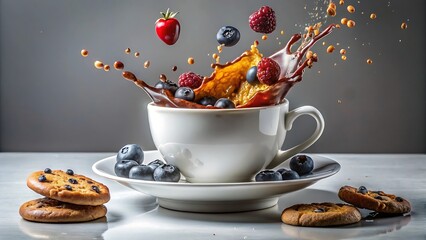 Explosion of fresh berries and chocolate chips splashing out of a white coffee cup with cookies