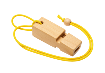Isolated Wooden Whistle with Yellow Cord – Musical Instrument, Wooden Toy and Emergency Signal Tool