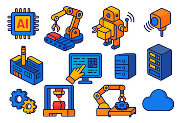 AI in Manufacturing. Isometric vector illustration set AI in Manufacturing: AI chip, robotic arm, conveyor belt, packaging robot,