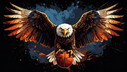 A majestic bald eagle with outstretched wings clutches a basketball against a vibrant, abstract background of splattered colors